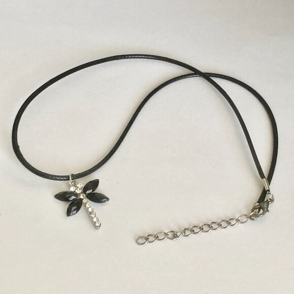 Vintage Dragonfly Necklace Insect Crystal Silver Plated Black Cord Stainless 18" - Picture 10 of 10